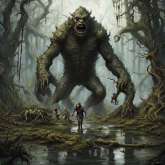 The swamp monster retreats into the swamp as the four humans runs away